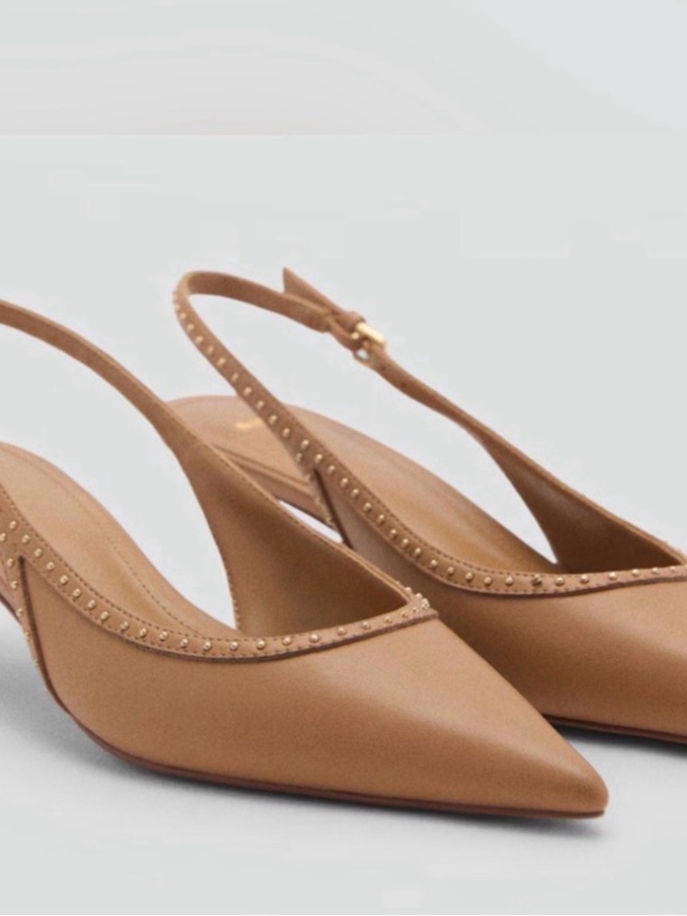 Mango Tan Pointed Leather Slingback Mules with Gold Stud Trim